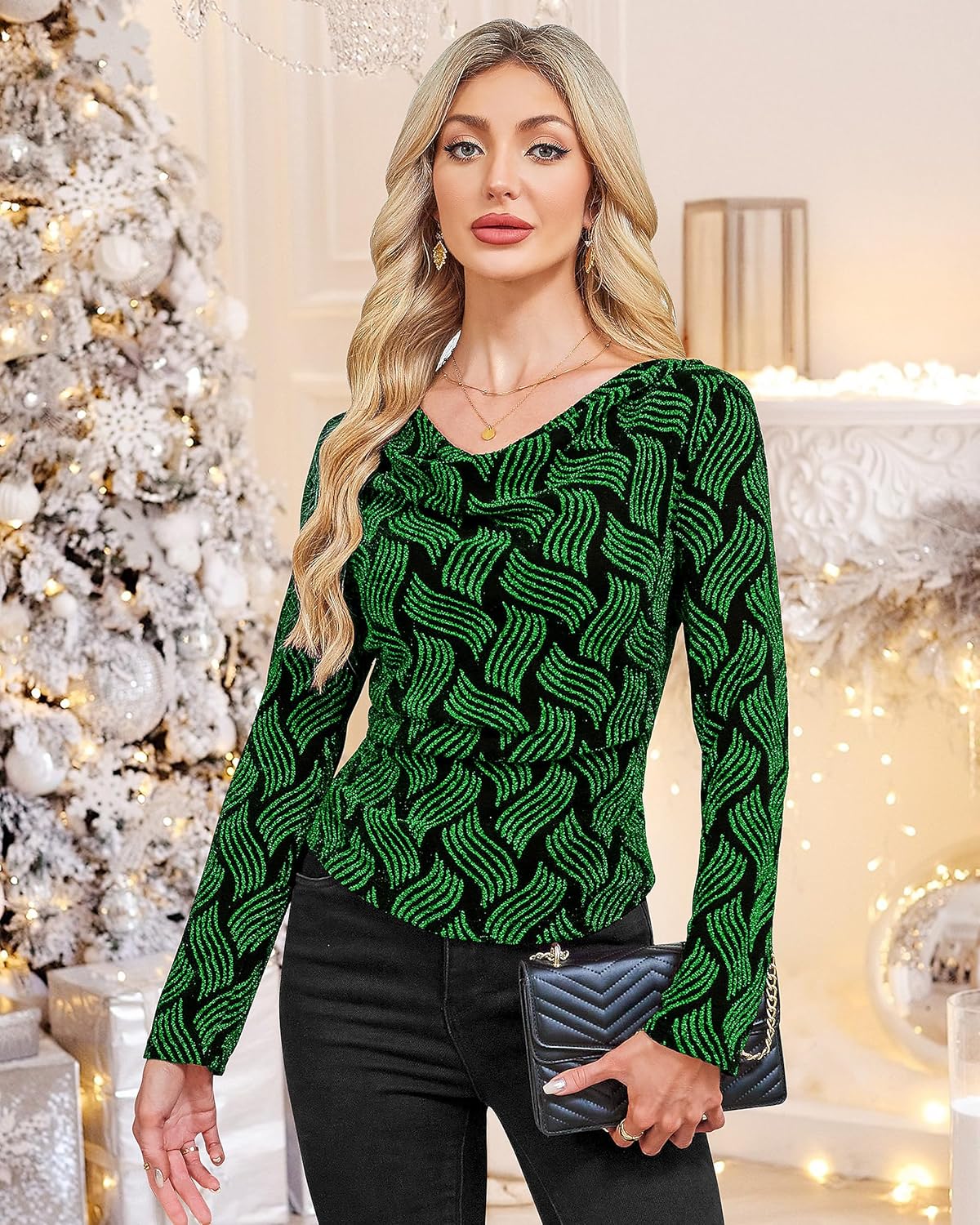 Bebonnie Women's Cowl Neck Long Sleeve Stretchy Sequin Tops Glitter Evening Cocktail Party Slimming Shirts - Image 3