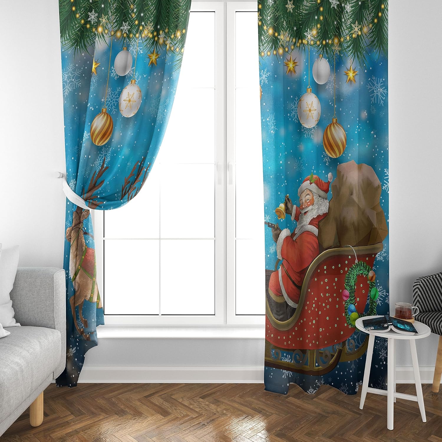 Christmas Curtains,Funny Anta Claus Riding a Sleigh Delivering Presents,Christmas Tree Branches Colorful Balls Blue Abstract Winter Print Rod Pocket Drapes for Bedroom Party Decor 21x54in,2 Panel Set