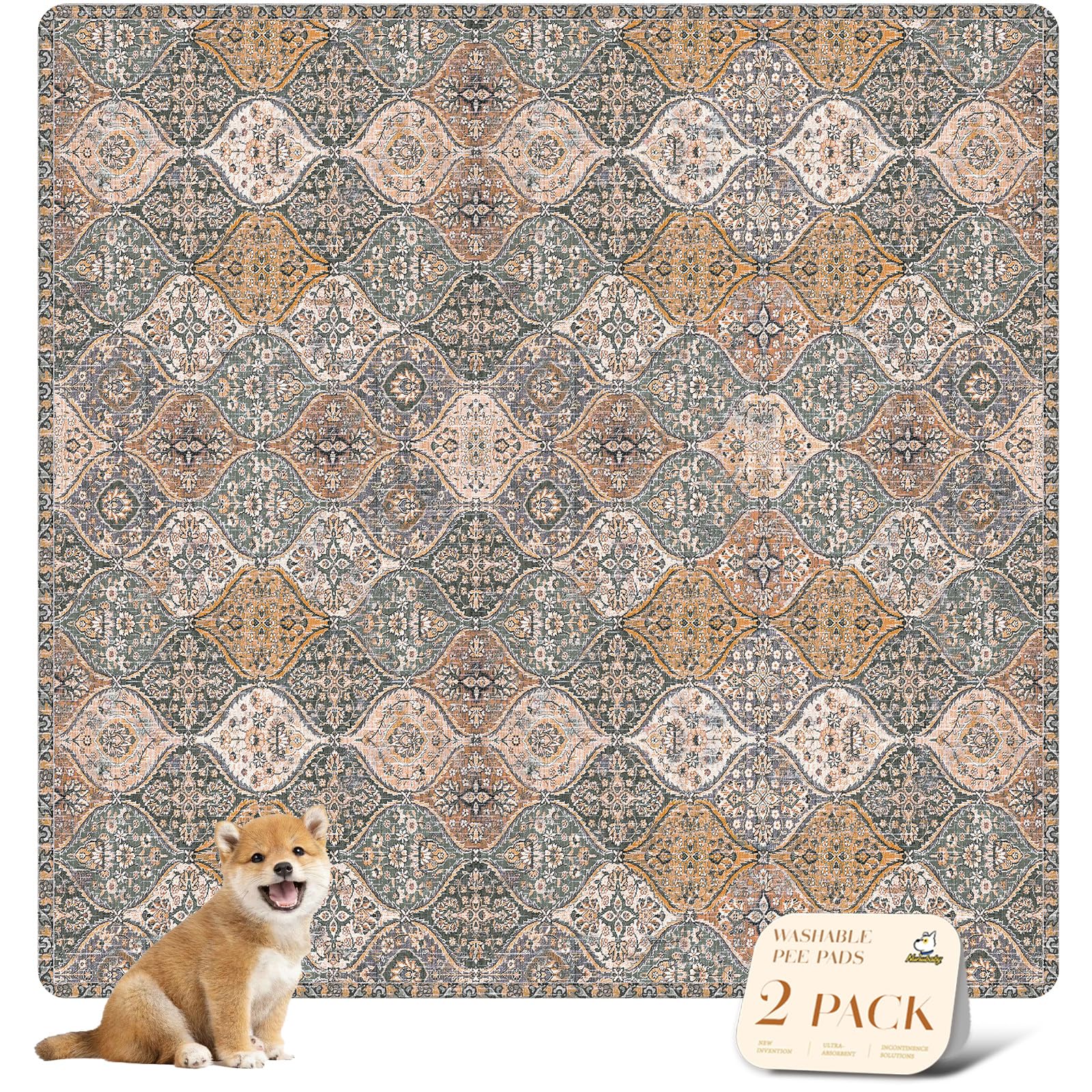 nunubaby 2PACK Washable Pee Pads for Dogs, Stylish, Non-Slip and Leak-Proof Pee Pads. Reusable Potty Pads for Dogs for Crates and Floors.(Brown/Multi,72" x72" )
