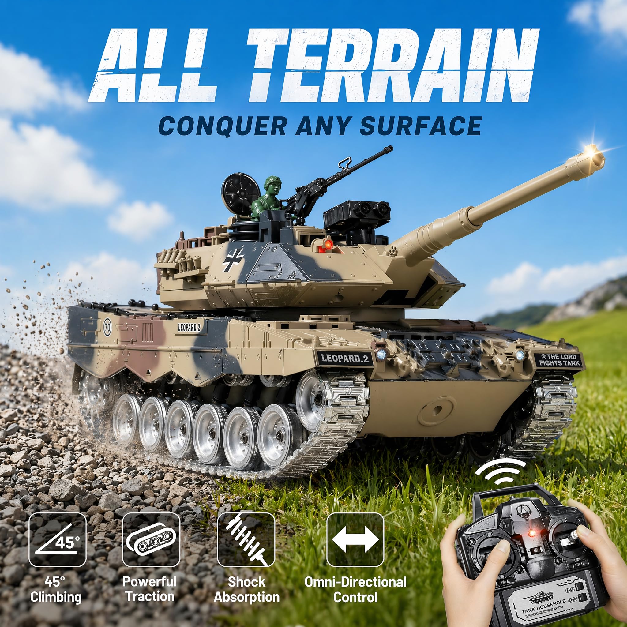 Tanque RC Leopard 2A 1:18 Orugas Metálicas – Humo Sonido 2.4GHz Rotación 360° | Tanque Teledirigido Militar Regalo Niño 8 Años | Kit Completo
