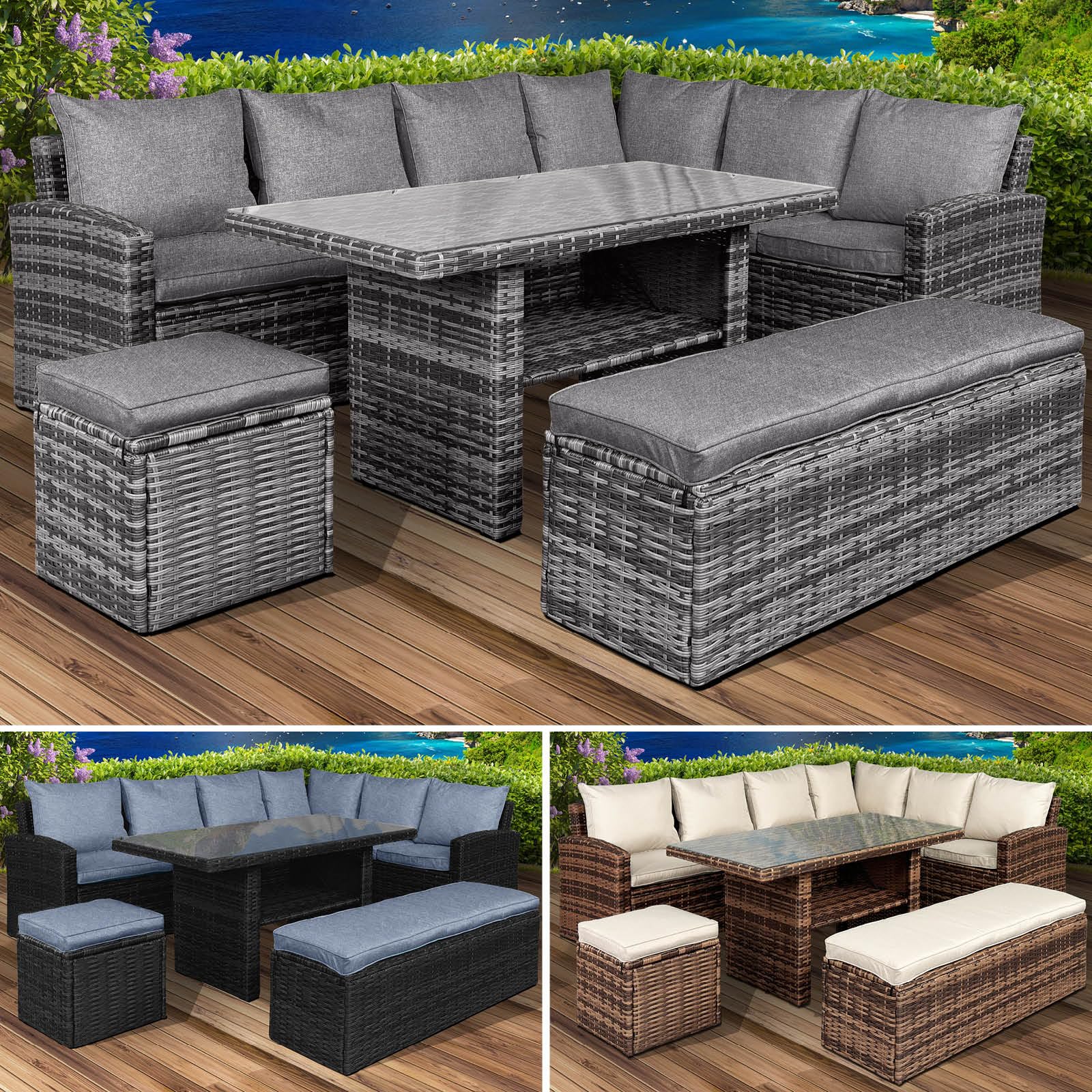 BRAST Gartenmöbel Set Eco | bis zu 9 Personen viele Farben | inkl. extra Dicke Kissen | TÜV geprüft | Outdoor Loungemöbel Sitzgruppe Essgruppe Garnitur | Grau/Anthrazit