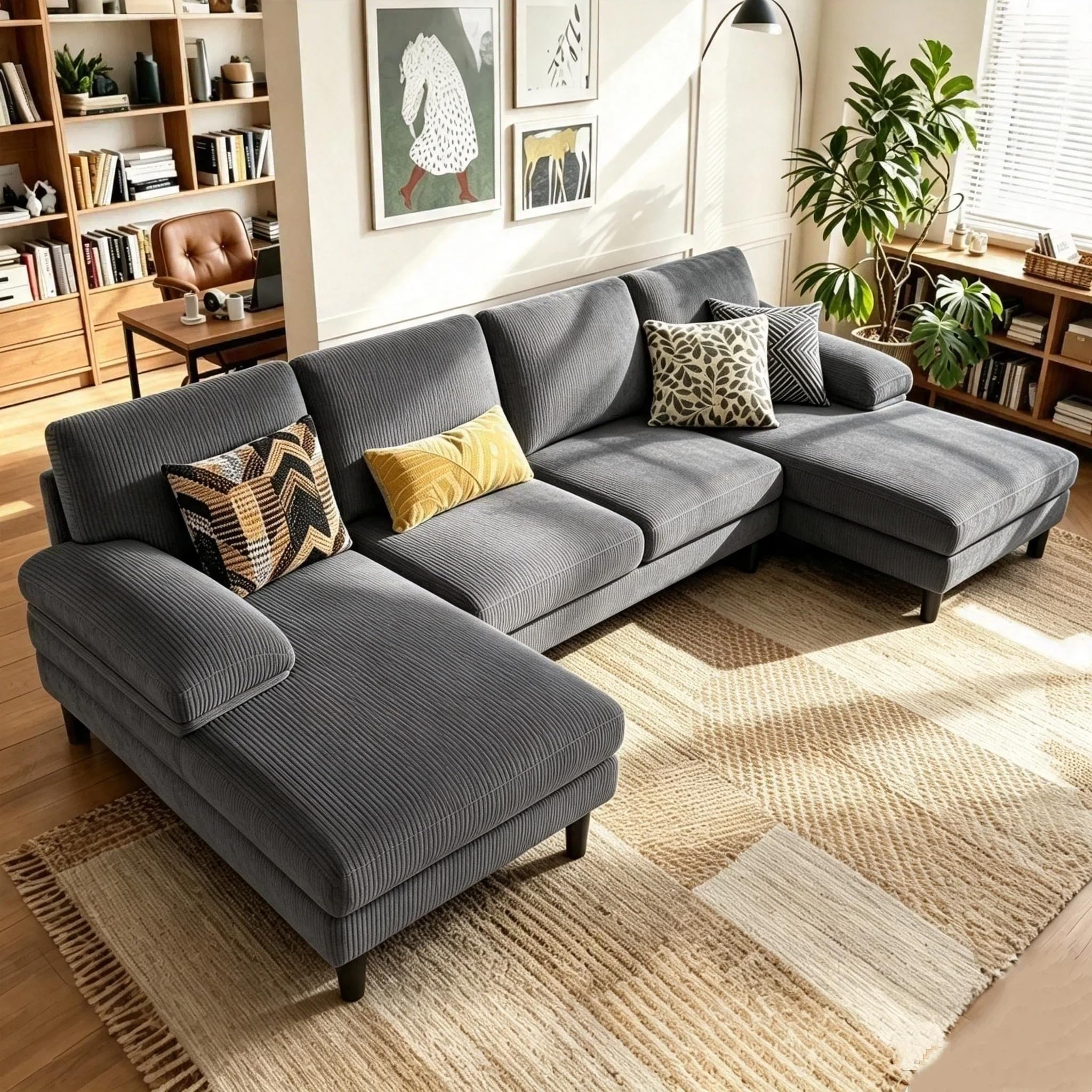 View 1 of *** PARTIAL SET - PARTS ONLY *** LINSY HOME U Shaped Sectional Couch, 105'' Grey Corduroy Sofa