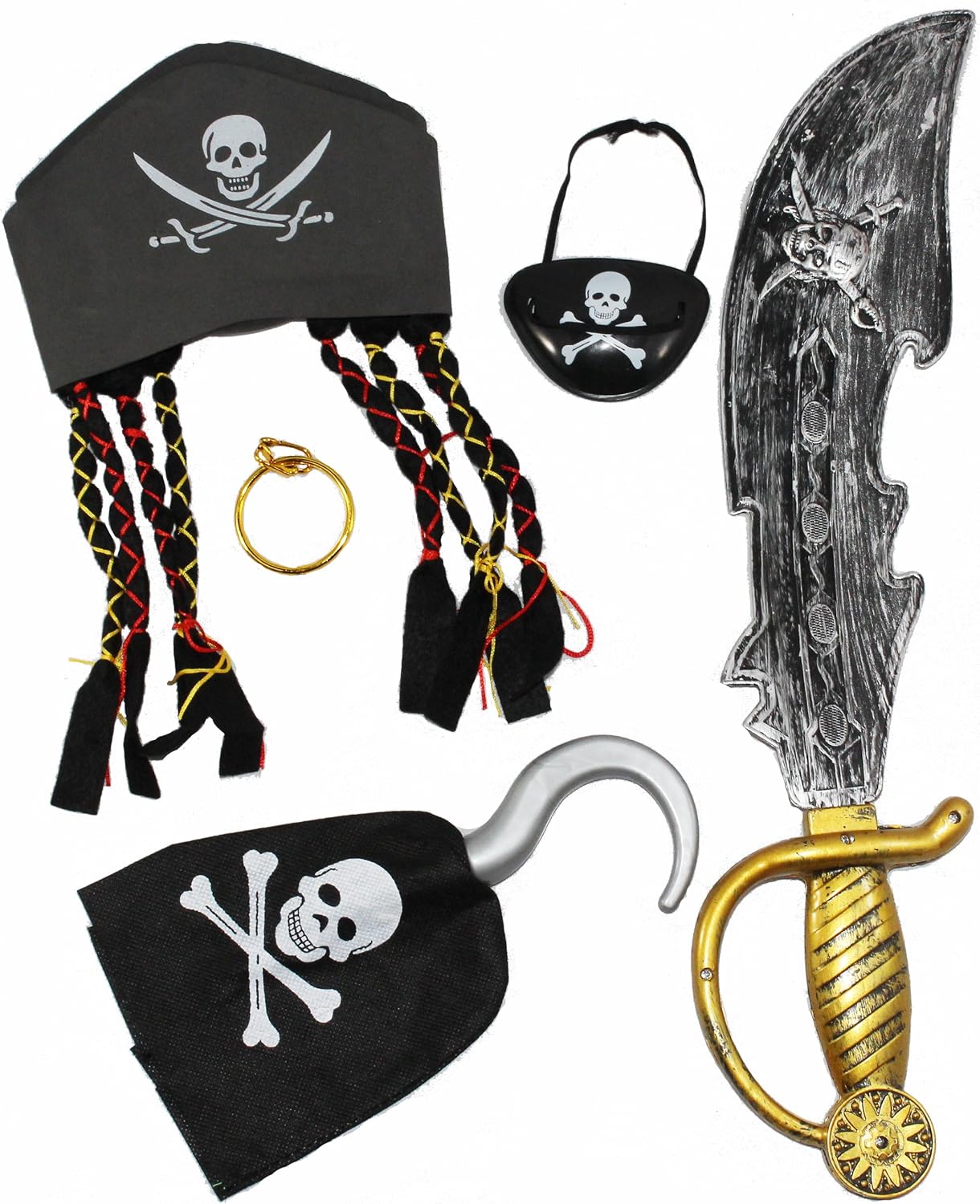JOYIN Toy Halloween Pirate Costume Set Including Hat, Eye Patche, Sword, Ear Ring and Hook