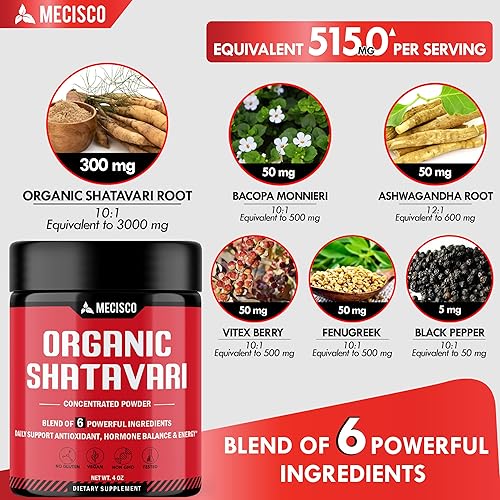 Miniatura 2 de Polvo Shatavari orgánico 6 en 1, mezclado con raíz de Shatavari, Bacopa Monnieri, raíz de Ashwagandha, bayas de Vitex, fenogreco y pimienta negra,
