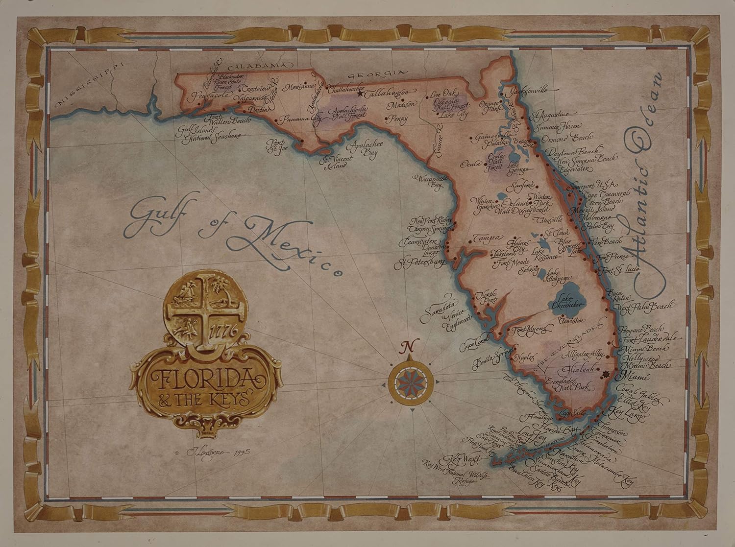 Florida On Usa Map Amazon.com: One Treasure Limited Antique Vintage Old World State Of Florida  Usa Map: Posters & Prints