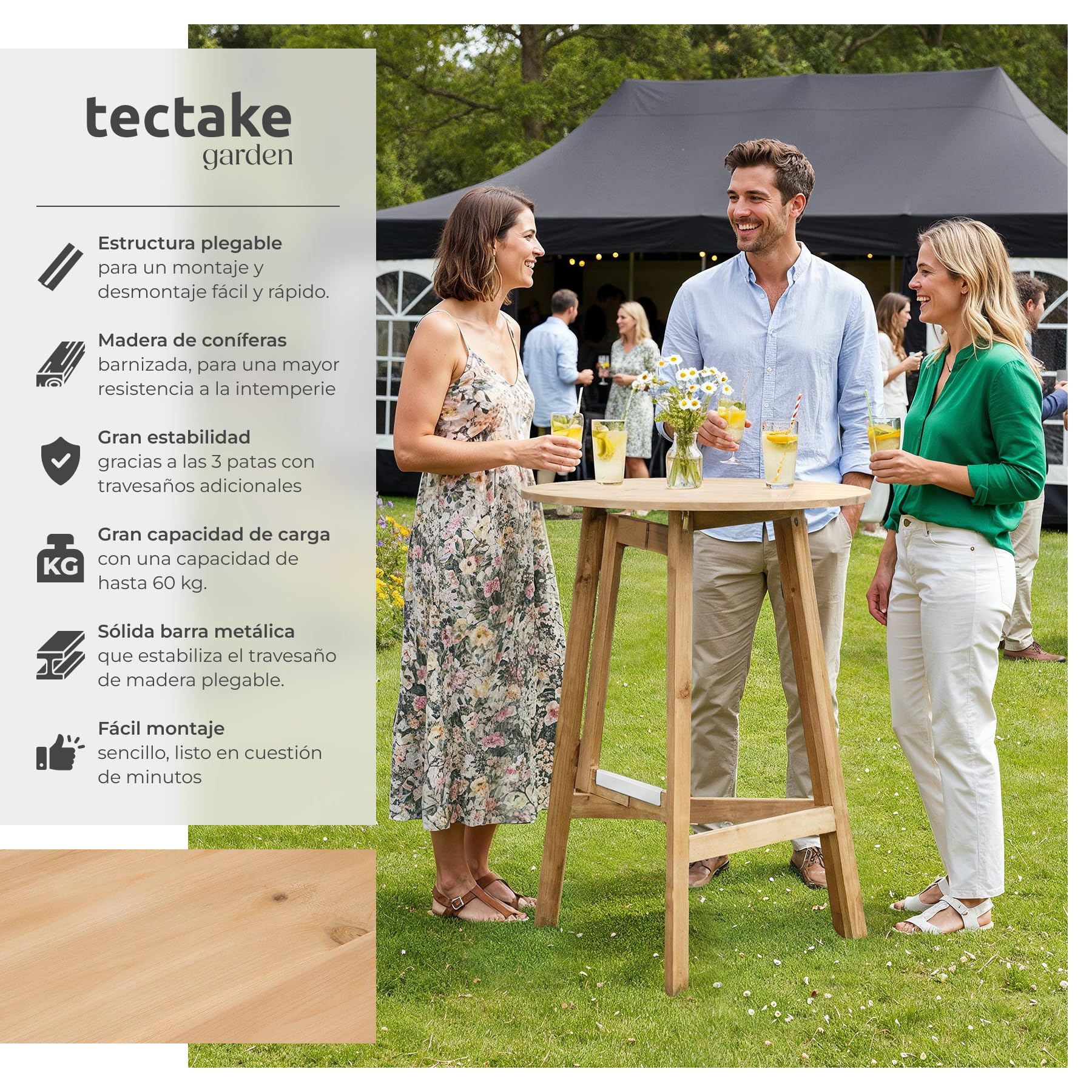 tectake® Mesa Alta Plegable de Madera Redonda con Barra de Metal para Mayor Estabilidad Mesa Alta Cocina Comedor Mesas Altas - 79 x 79 x 110 cm