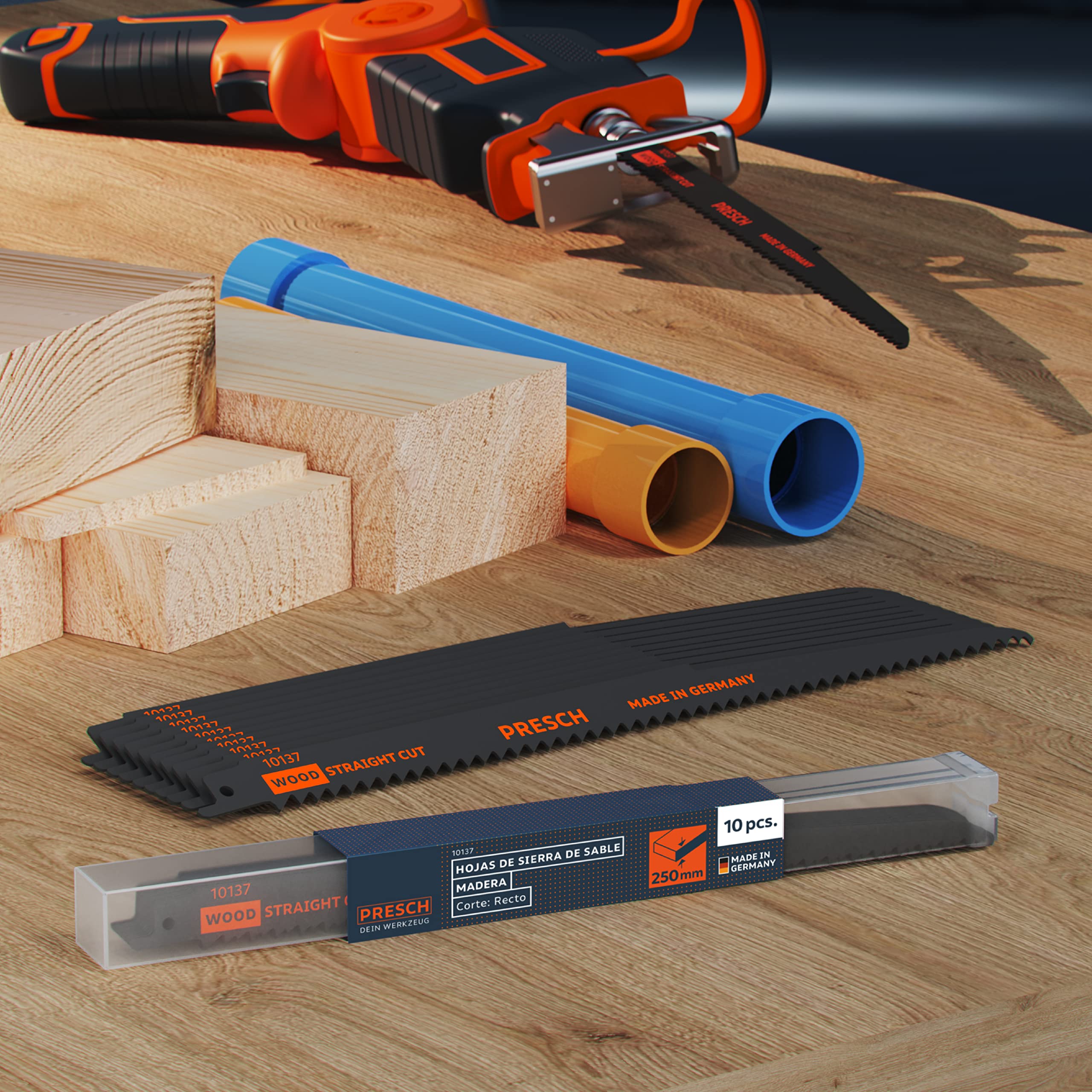 Presch Hojas de sierra sable madera 280mm 10 piezas (largas) - Corte 6-250mm - Hojas de sierra de sable para madera, tubos de PVC y más. - Juego de hojas de sierra con caja incluida