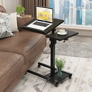 TigerDad Adjustable Height Rolling Laptop Stand with Wheels, Mouse Pad & Swivel Overbed Table - Portable PC Desk (Dekuwood, QQ-111)