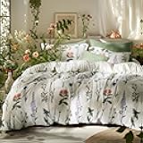 Comforter Set Queen Size - Cute Floral Bedding Comforter Set, 3 Pieces, 1 Soft Reversible Coconut White Botanical Flowers Comforter and 2 Pillow Shams