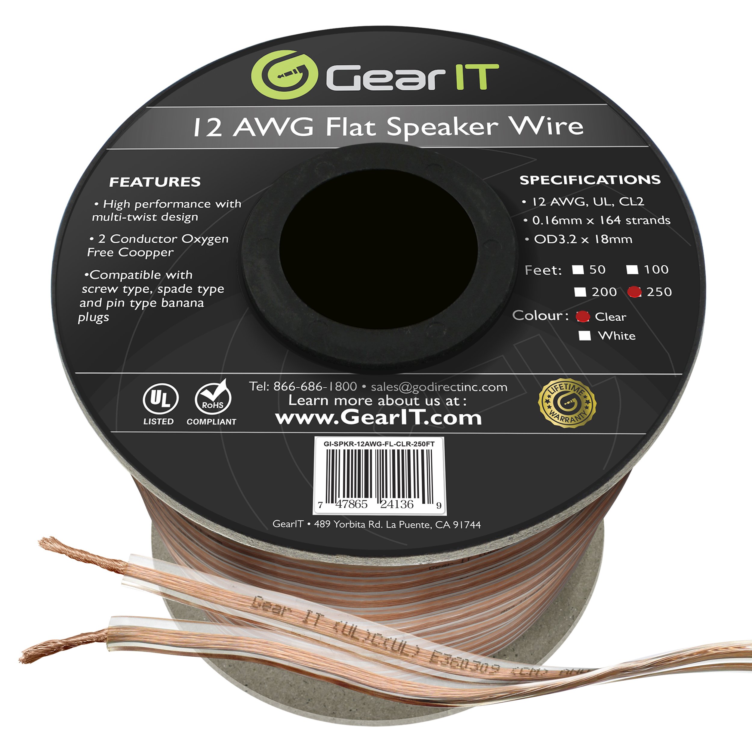 GearIT Elite Series 12AWG Flat Speaker Wire (250 Feet / 76 Meters) - Oxygen Free Copper (OFC) CL2 Rated in-Wall Installation for Home Theater, Car Audio, and Outdoor Use, Clear