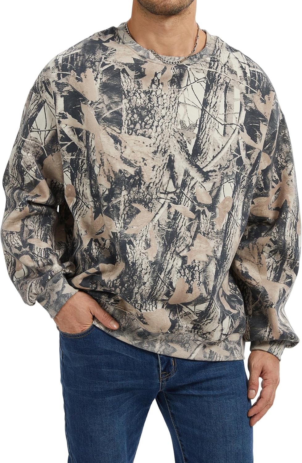 Men’s Crewneck Camo Sweatshirt Casual Pullover Long Sleeve Fleece Top Loose Graphic Print Streetwear for Fall Winter