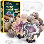 National Geographic Break Open 10 Premium Geodes – Includes Goggles & Display Stands - STEM Science Kit, Geology Gift for Kids, Break Your Own Geodes