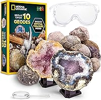 National Geographic 10 Premium Geodes Break Open Kit with Goggles, Display Stands & Learning Guide - STEM Geology Kit for Kids