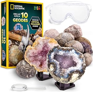 National Geographic Break Open 10 geodas de primera calidad, incluye gafas y 2 soportes de exhibición, gran kit de ciencia STEM, regalo de geología