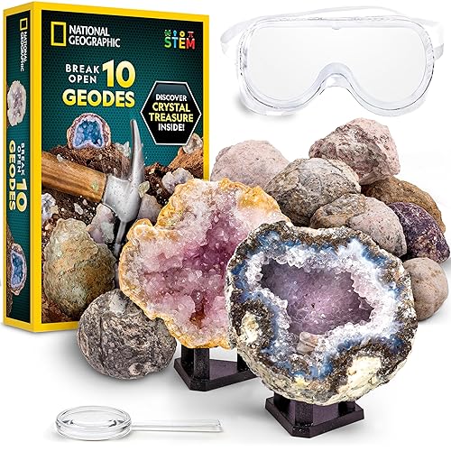 NATIONAL GEOGRAPHIC Break Open 10 Premium Geodes – Includes Goggles and 2 Display Stands - Great STEM Science Kit, Geology Gift for Kids, Break Your Own Geodes with Crystals, Toys for Boys and Girls - 10 Geodes Kit