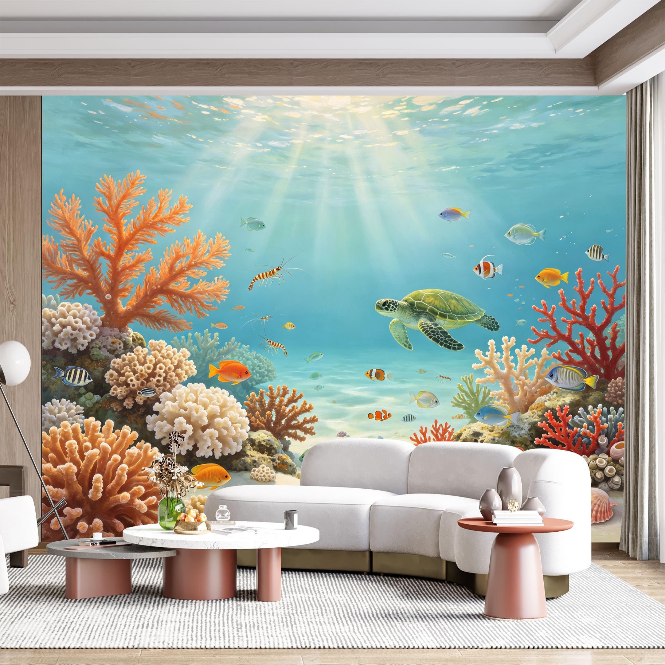 Custom Size Wall Mural Underwater Coral Reef Marine Life Sea Turtle Tropical Fish Seascape Watercolor SelfAdhesive Wall Fabric Removable for Home Office Decor