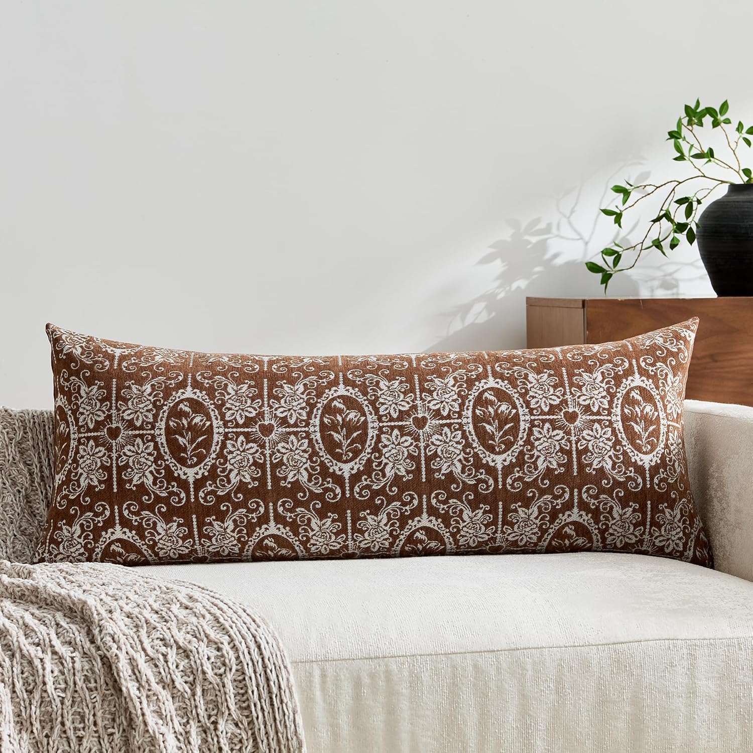 ORTIGIA Vintage Floral Throw Pillow Covers 36x14 Inch, Chenille Dark Coffee Brown Pillow Cover Victorian Retro Botanical Scroll Decorative Pillow Cases for Living Room Couch Bed Home Decor