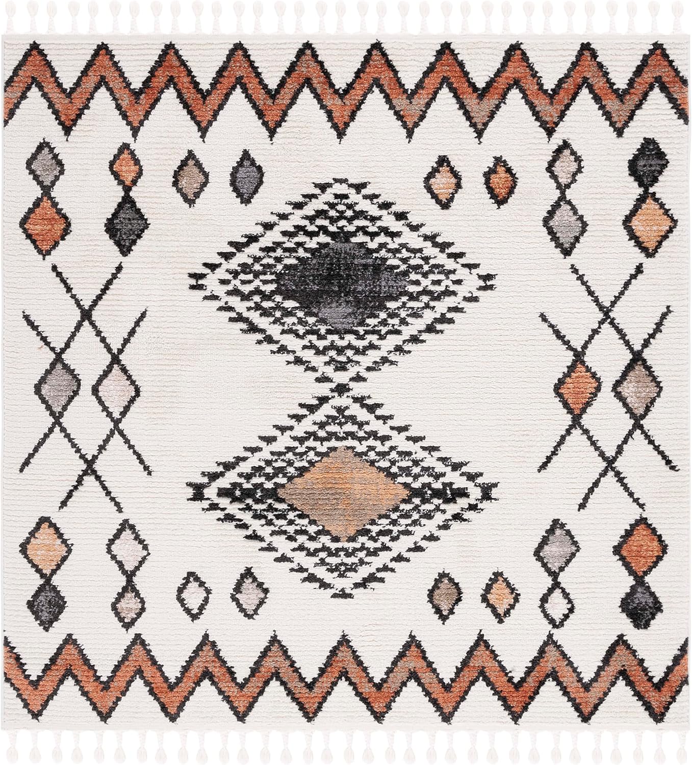 SAFAVIEH Moroccan Tassels Collection Area Rug - 6'7" Square, Ivory & Orange, Modern Boho Rustic Design, Non-Shedding & Easy Care, Ideal for High Traffic Areas in Living Room, Bedroom (MRT105A)