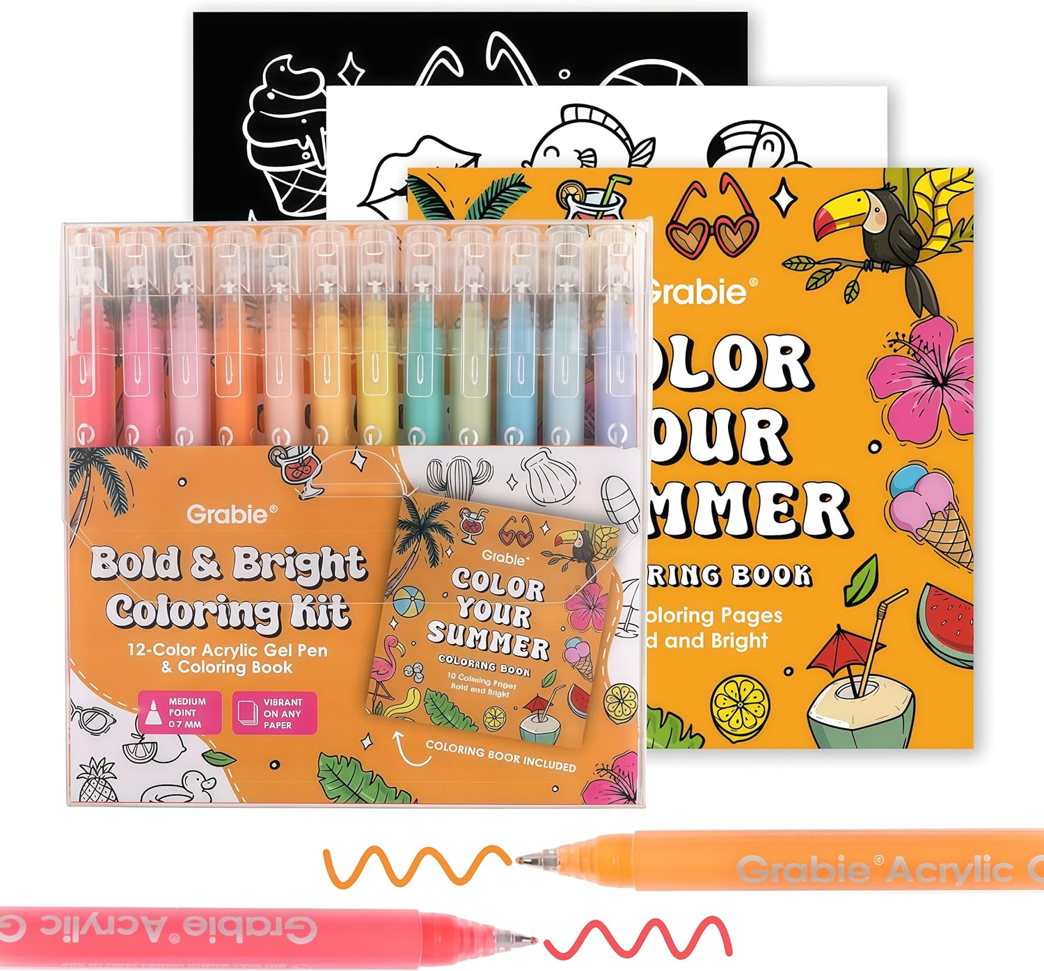 Grabie 12Colors Acrylic Gel Pens&Coloring Book, Medium Point Colored Gel Pens, Acrylic Gel Ink Pen Assorted Colored for Drawing, Note Taking, Bold&Bright Coloring Kit, Set of 12 (Summer Colors)