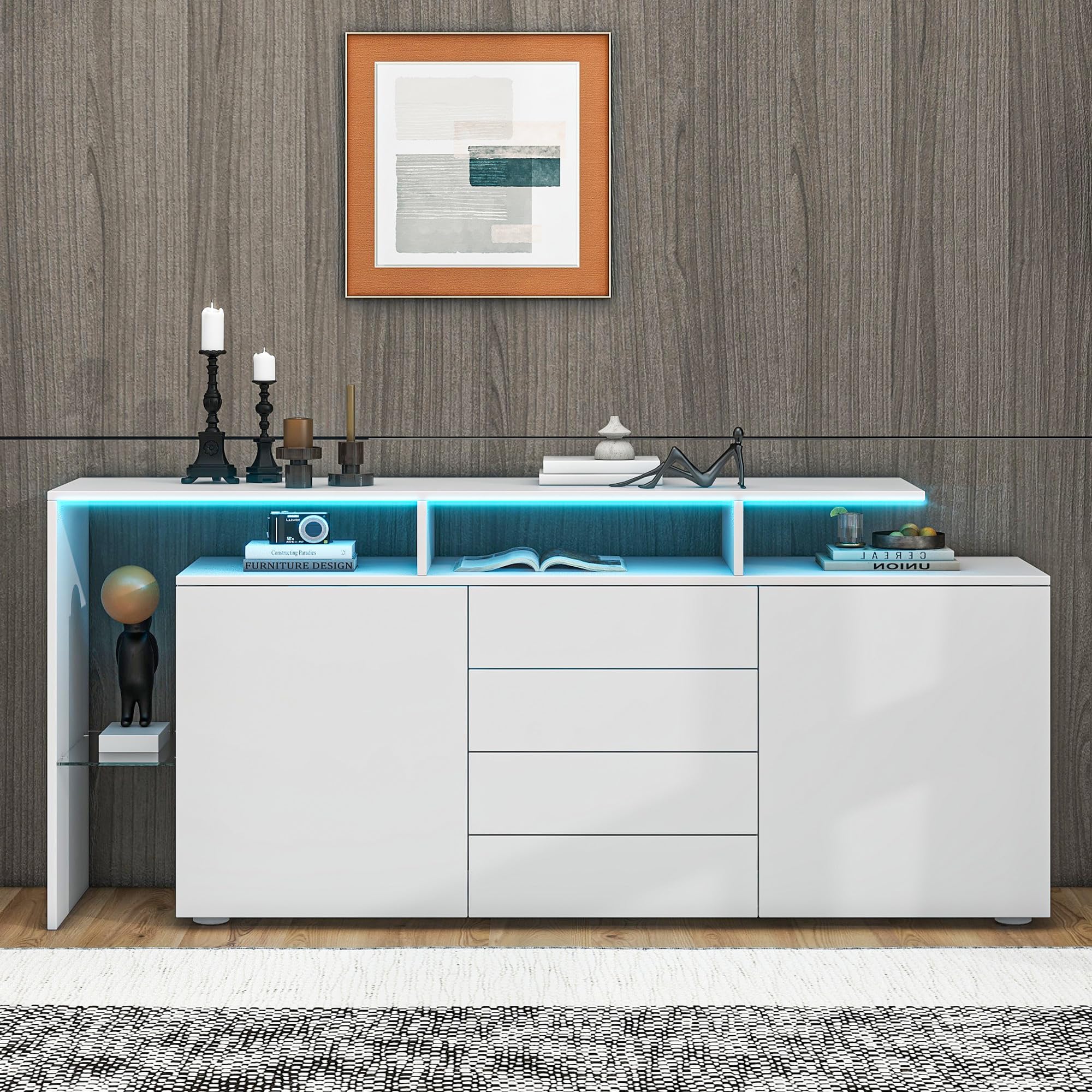 Sideboard Weiss, Highboard Wohnzimmer, Kommode 160 cm Breit, Kommode Weiß Hochglanz LED-Beleuchtung mit App Steurung