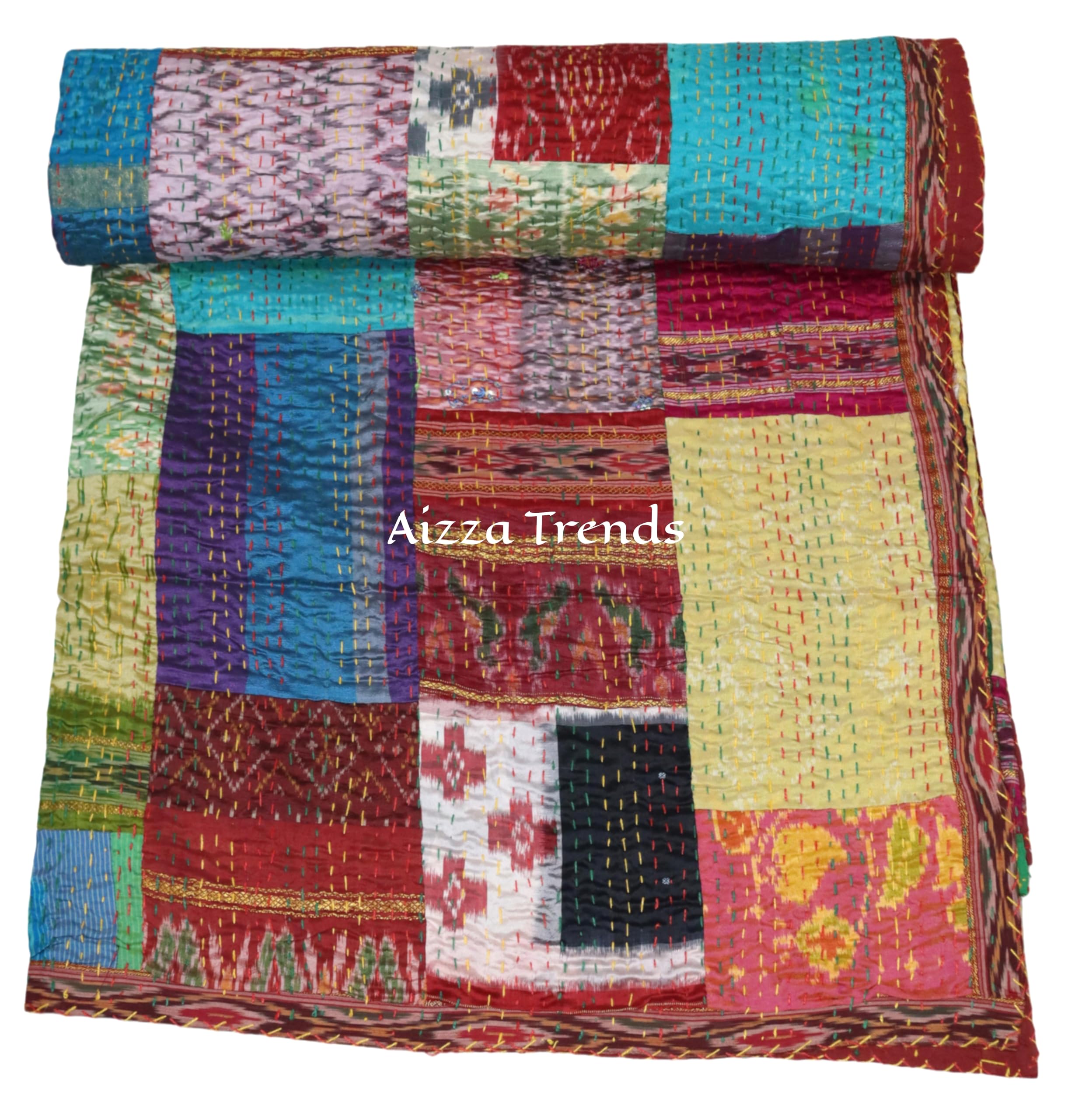 Couvre-lit Kantha artisanal fait main en coton vintage indien de luxe