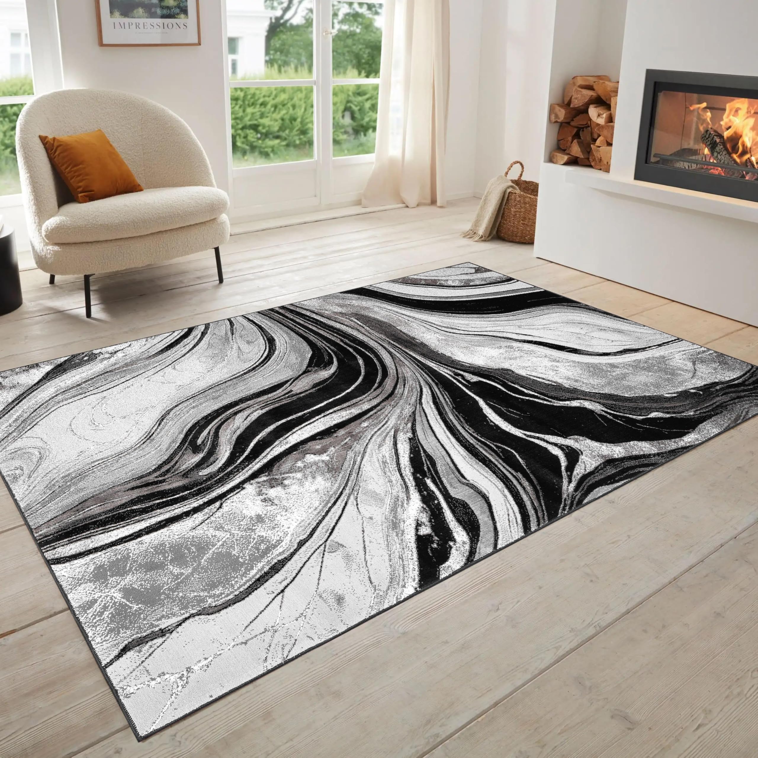 Luxury Modern Abstract Marble Area Rug Soft Pile Carpet for Living Room Bedroom Large Floor Rug Long Hallway Runner Carpet Easy Clean (BLACK GREY, 60 X 110 CM)