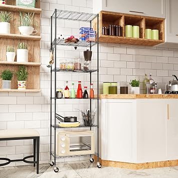 Homdox 6-Tier Storage Shelf Wire Shelving Unit Free Standing Rack Organization with Caster Wheels, Stainless Side Hooks, Black