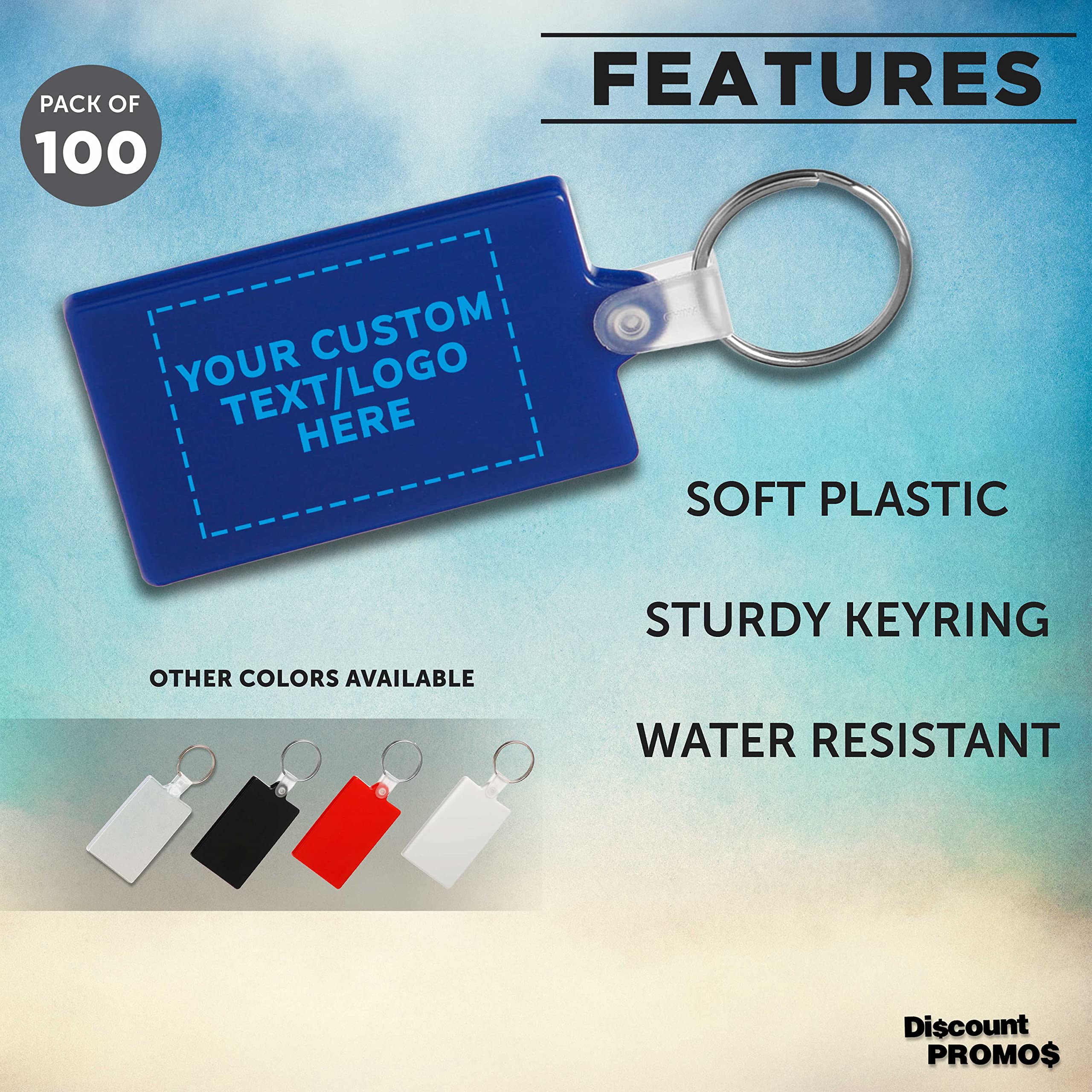 DISCOUNT PROMOS Custom Rectangle Soft Keychains Set of 100, Personalized Bulk Pack - Perfect for Home, Tradeshows, Other Events - Blue