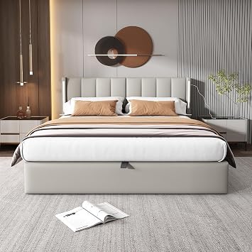 Super King Size Upholstered Bed Frame with LED Lighting and USB Ports, 180x200cm 6ft Modern Bed Frame with Adjustable Headboard and Hydraulic Storage Space for Bed Room, PU, Grey, No Mattress