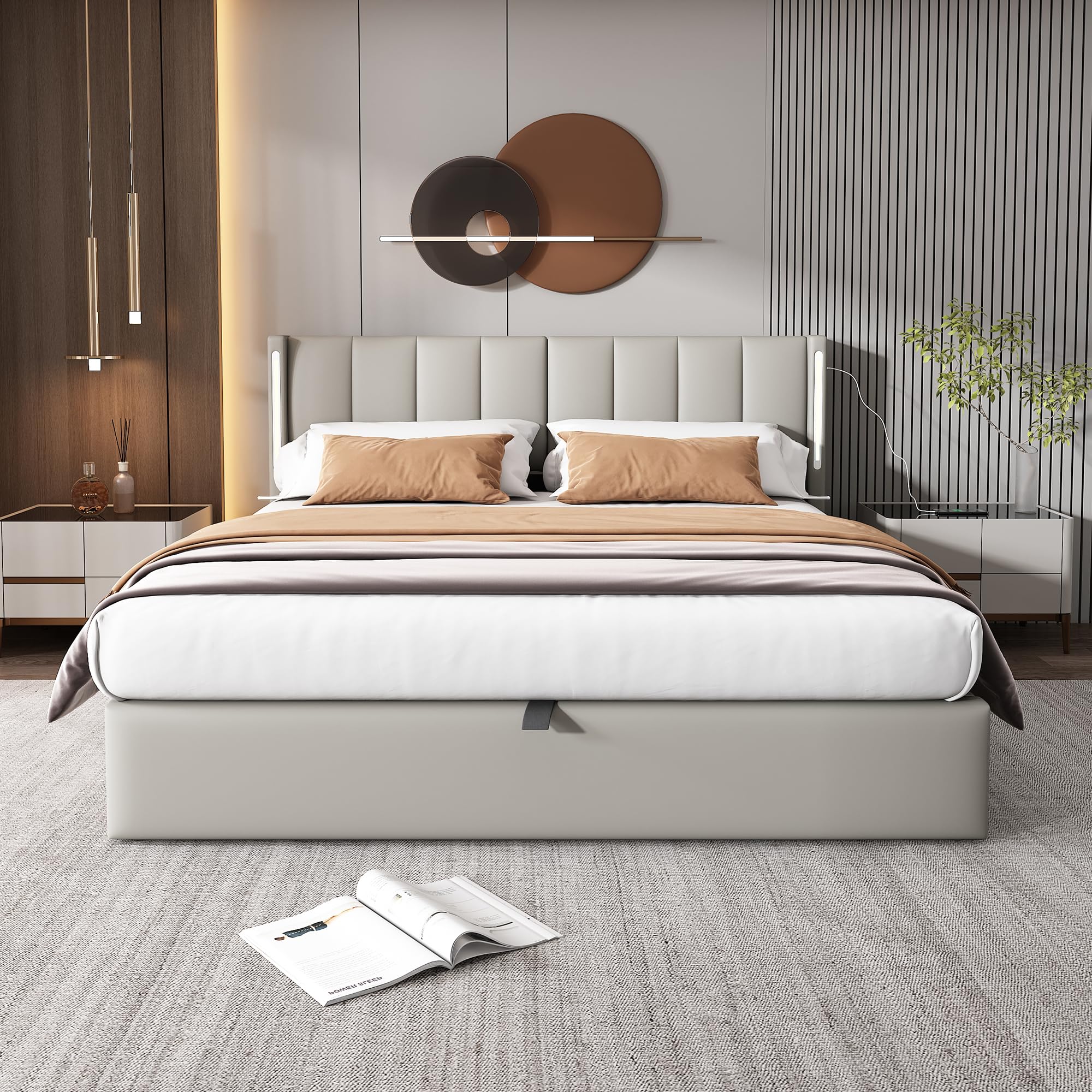 Letto imbottito 160 x 200 cm, con lampada da comodino, due comodini