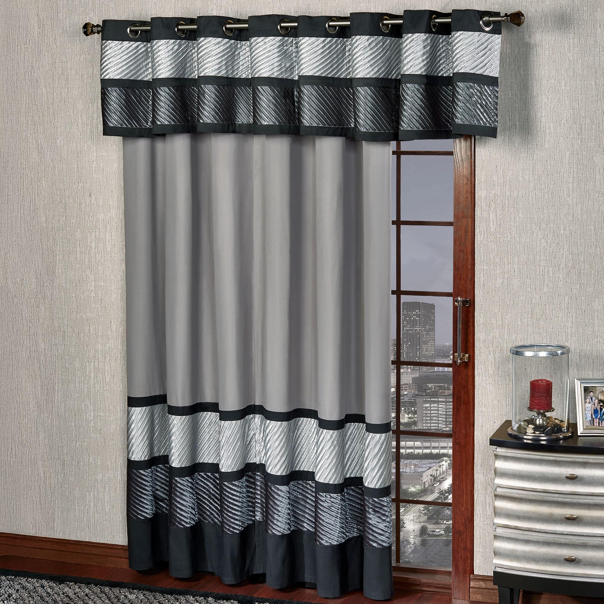 Omega Contemporary Luxury Window Treatment | Sophisticated | Silver, Gray, Charcoal, Black | Pleated | Silky Polyester Satin | 2 Piece Window Set: 84L Grommet Patio Panel and 112W Grommet Valance
