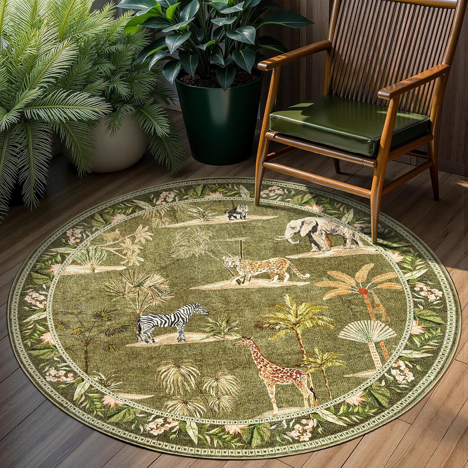 jinchan Round Rug 4ft Green Jungle Animals Print Machine Washable 4 Circle Modern Soft Non-Slip Forest Plant Throw