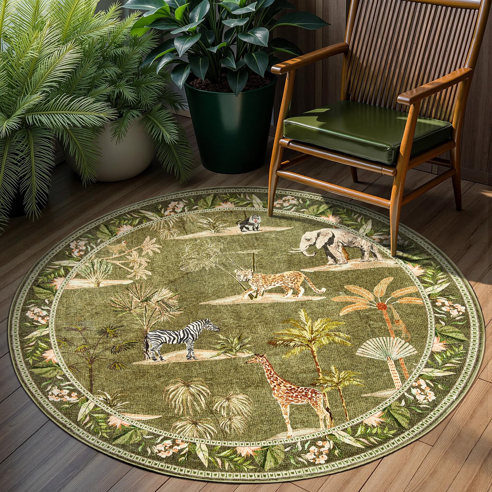 jinchan Round Rug 4ft Green Jungle Animals Print Machine Washable 4 Circle Modern Soft Non-Slip Forest Plant Throw