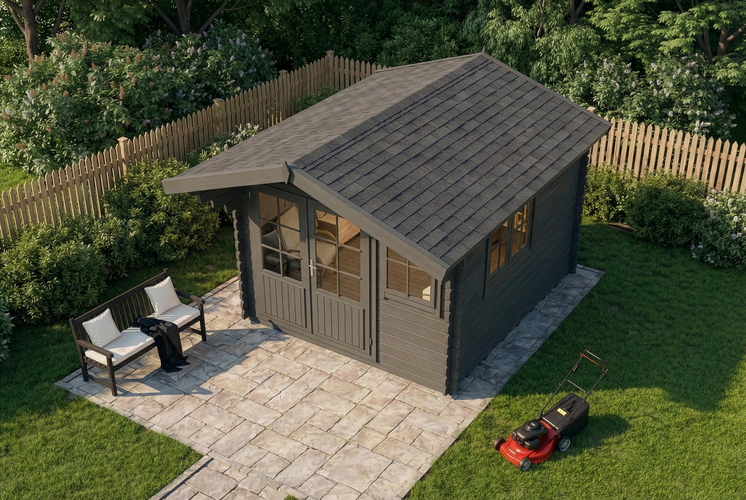 Alpholz Gartenhaus Gabriel 338x467cm mit 34 mm Wandstärke in Imprägnierung Grau inkl. Fußboden