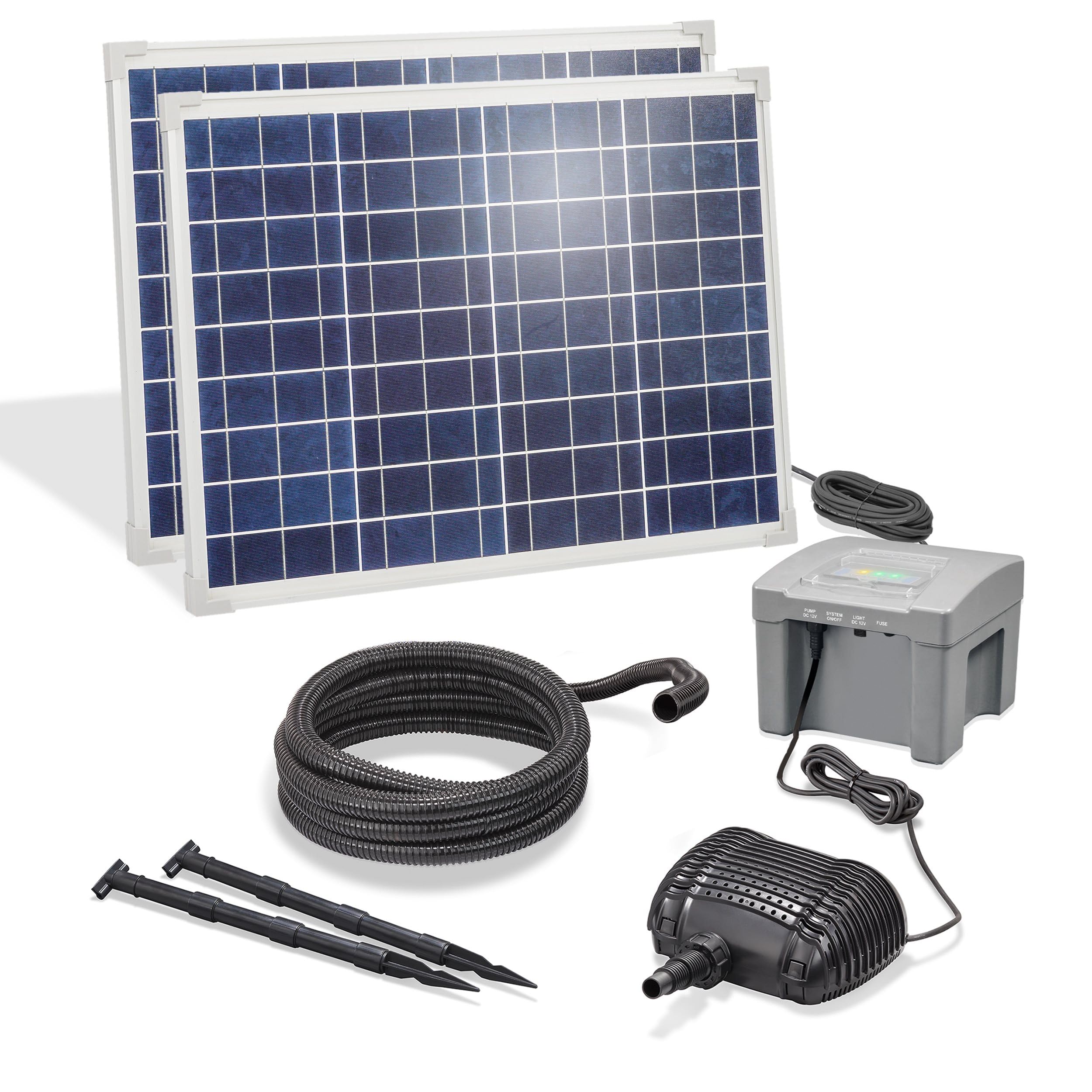 Esotec Solar Bachlaufpumpenset 100/1900 mit Filterpumpe, Akkubox 24Ah LiFePo4, 2X Solarmodul 50Wp, 1900l/h