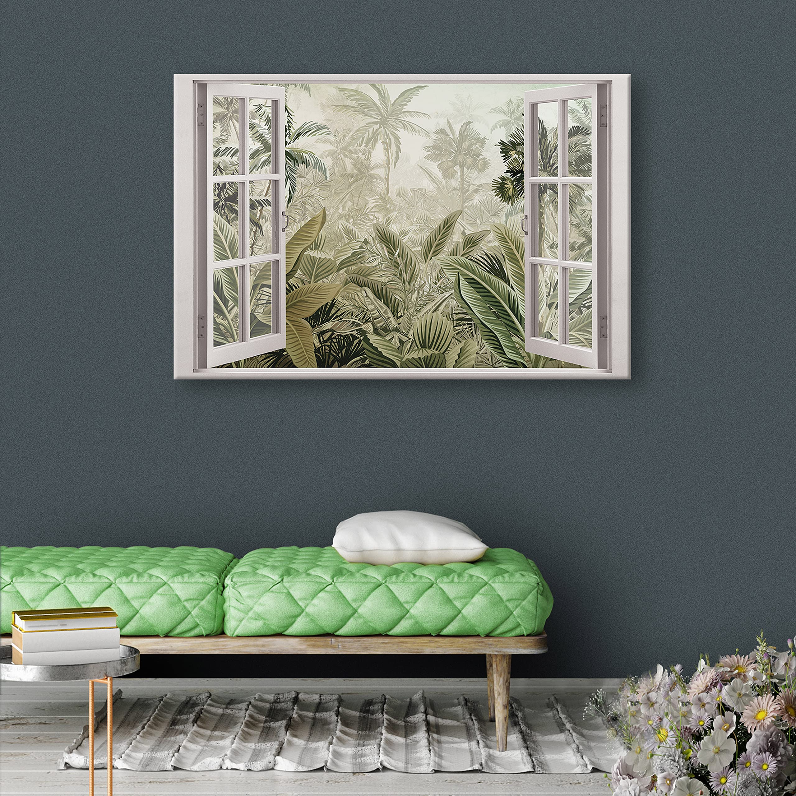 Fotobehang Raam met uitzicht op de natuur die op een witte