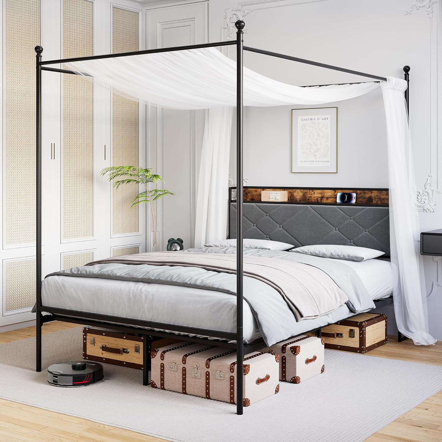 Amazon.com: Homhougo Canopy Bed Frame Queen Size, Metal Platform Canopy Bed with Upholstered ...