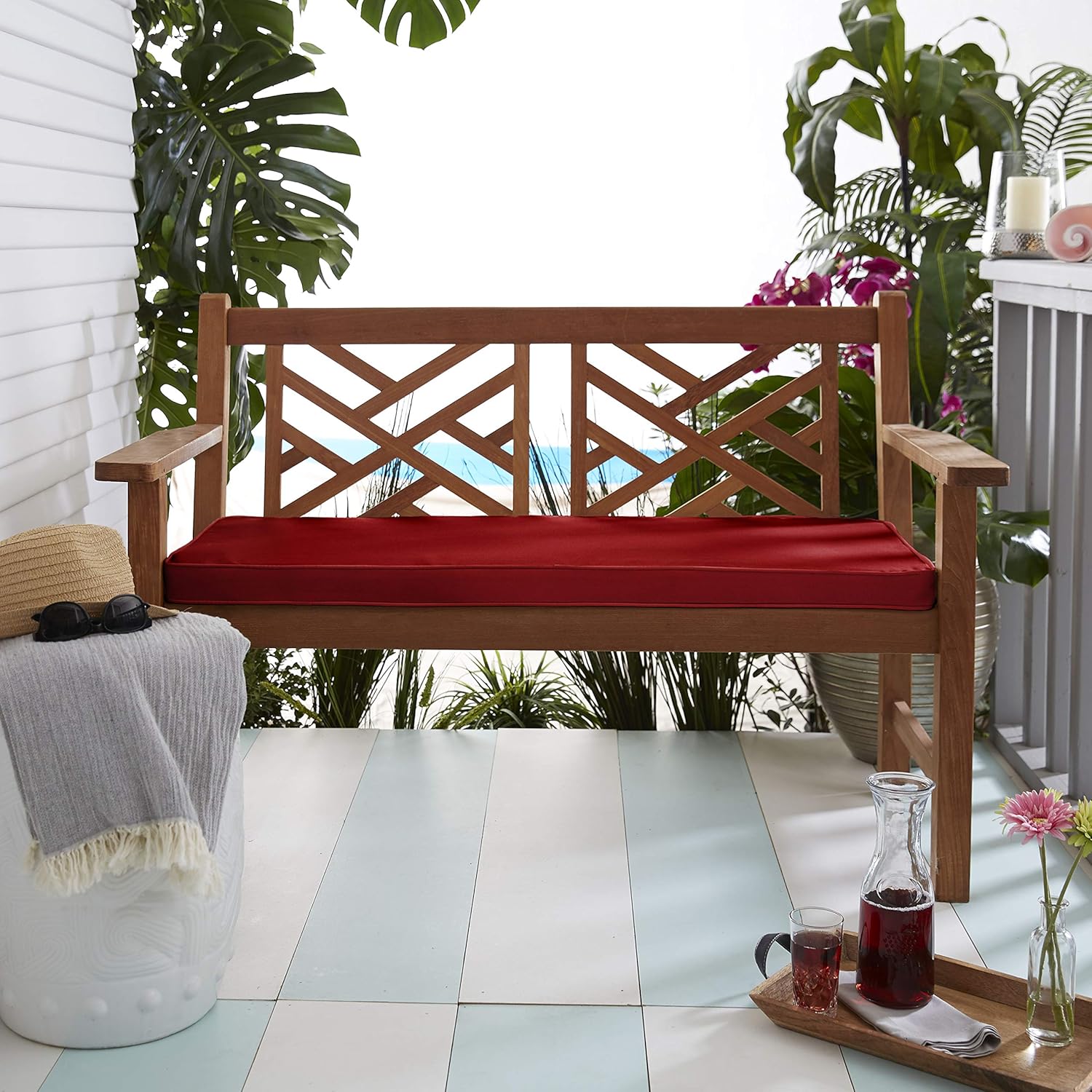 Mozaic Indoor/Outdoor Corded Bench Cushion, 56"x19.5", Sunbrella-Canvas Jockey Red 7 Sq Ft