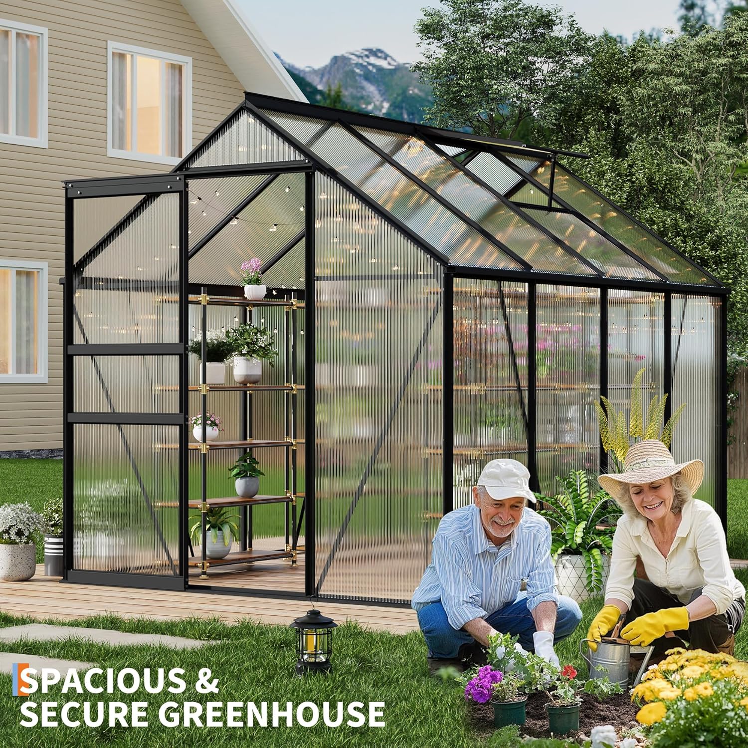 6x8FT Greenhouse for Outdoors, Walk-in Polycarbonate Greenhouse with Sliding Door, Adjustable Roof Vent & Gutter System, Portable Outdoor Green House Kit for Winter Gardening