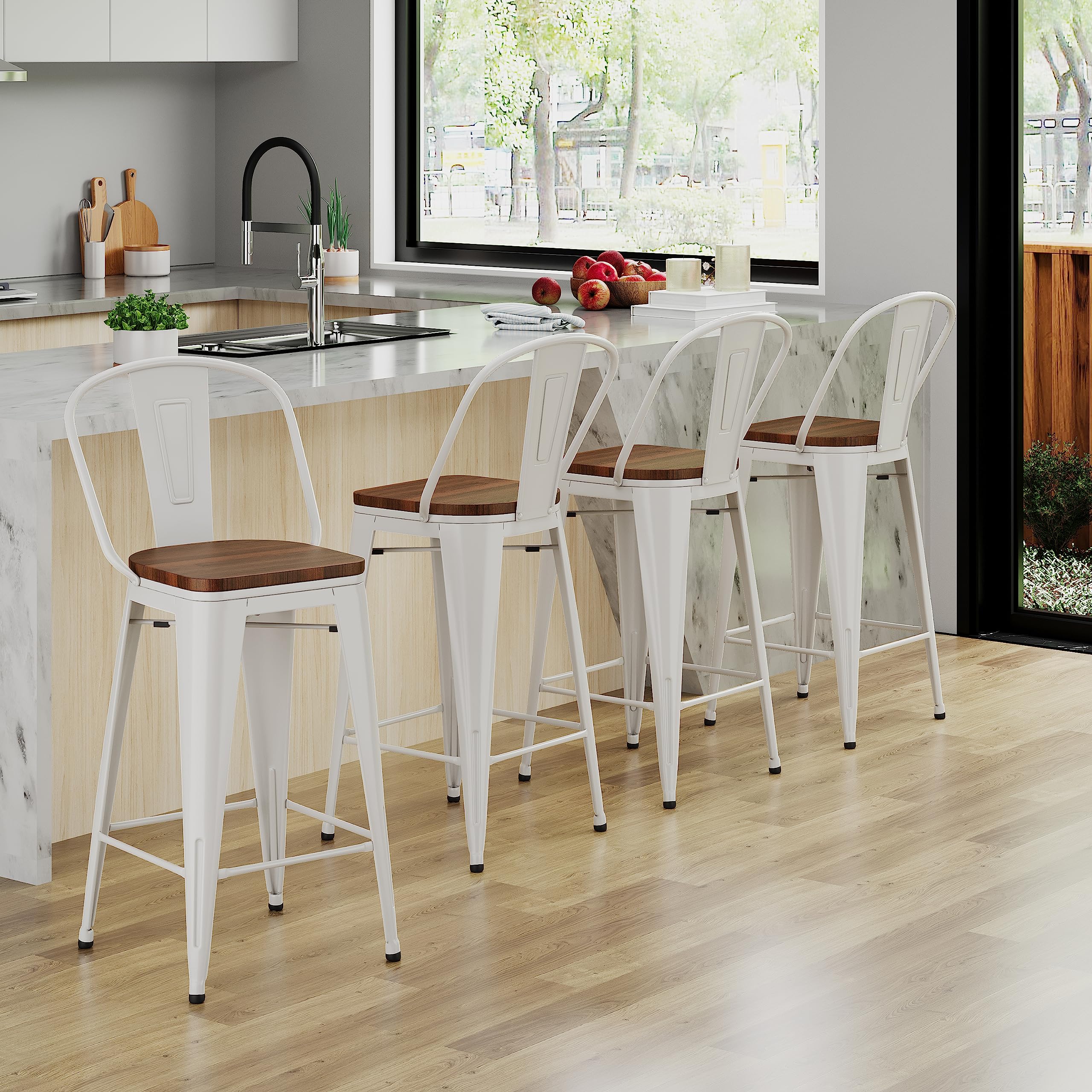 Andeworld Metal Bar Stools Counter Height Stools Dining Chairs High Back Industrial Barstools Set of 4 (24inch, Cream White)
