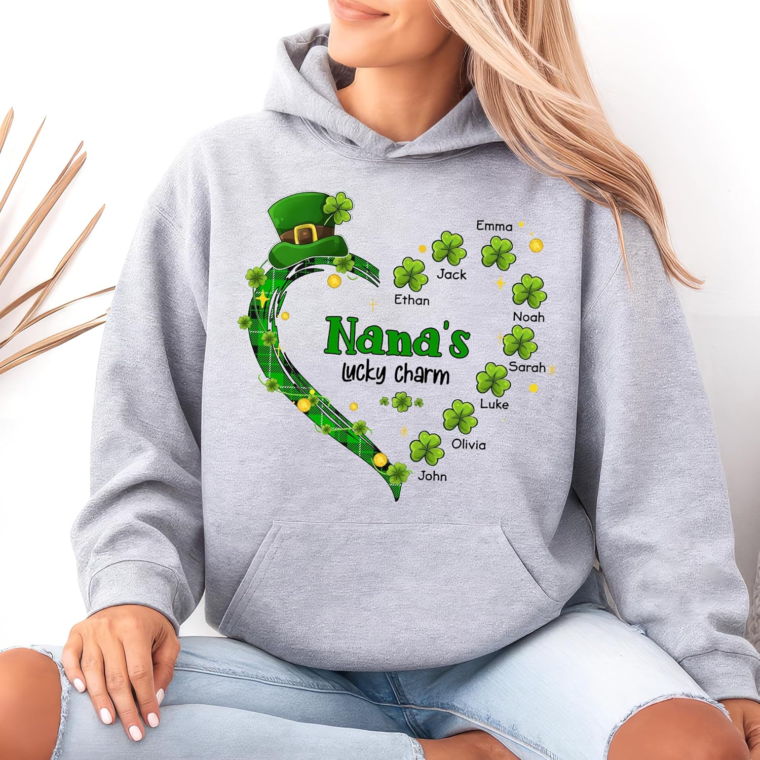 Nanas Lucky Charm Shirt Personalized Nana Shirt with Kids Names Green Plaid Heart Shamrock St Patricks Day Family Shirt Custom Nana Top for Women - Image 6
