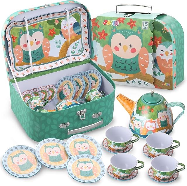 JOYIN Owl Garden Pretend Tin Teapot Set for Tea Party and Kids Kitchen Pretend Play