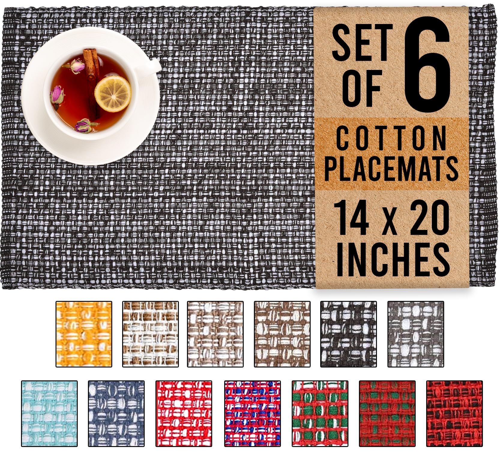 Set of 6 Blak Placemats for Dining Table 100% CottonPlacemats 14''x20'' Over Sized Tablemats Placemats Black/White Two Tone Tablemats for Family Dinners Wedding Parties Everyday Use