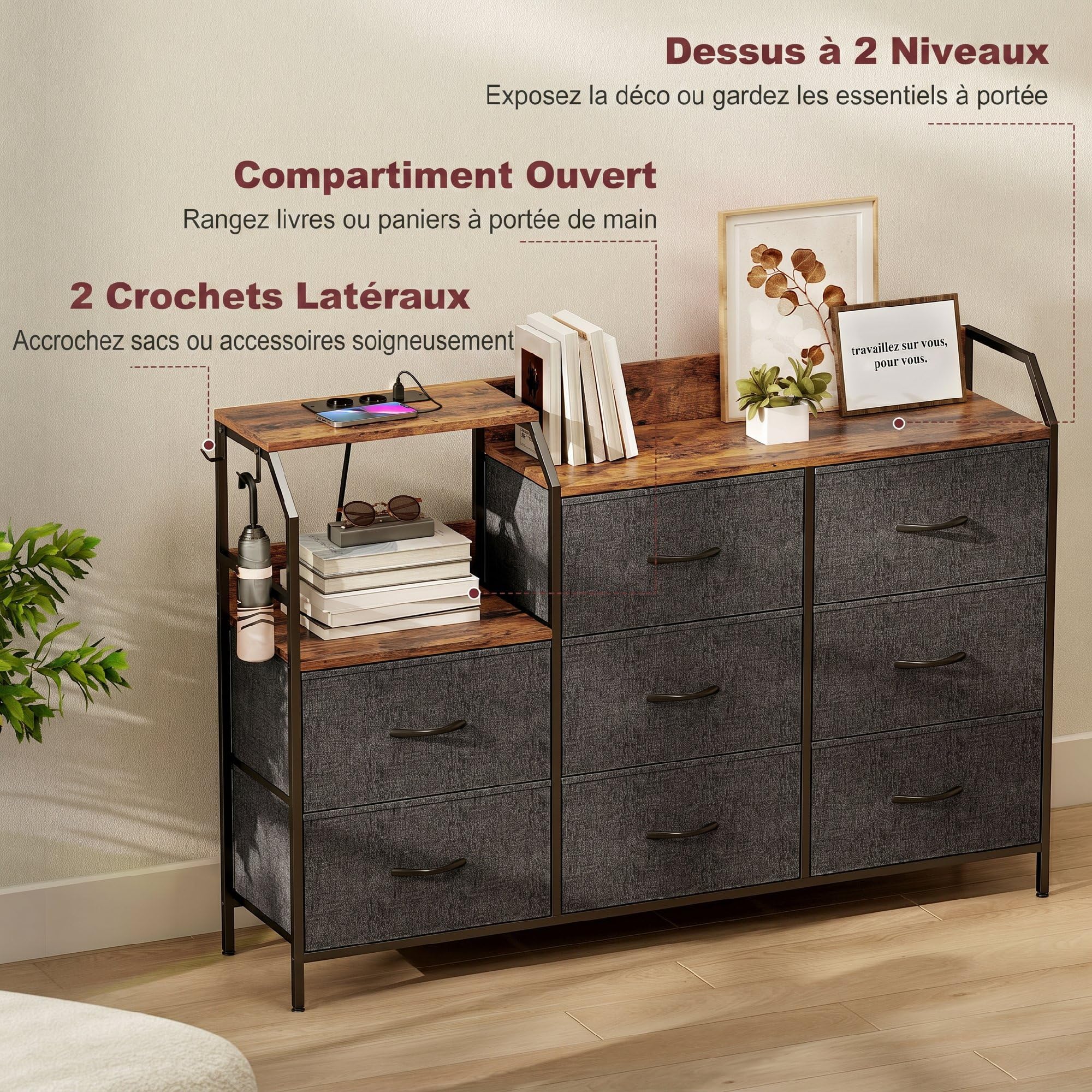 HOMCOM Commode avec Station de Recharge, 8 tiroirs en Tissu Pliables, Commode Chambre, Meuble de Rangement, étagère Ouverte et Crochets, Cadre en Acier, pour Chambre, Salon, Couloir, Marron Rustique | Meuble de Rangement, Étagère Ouverte, Crochets, Cadre