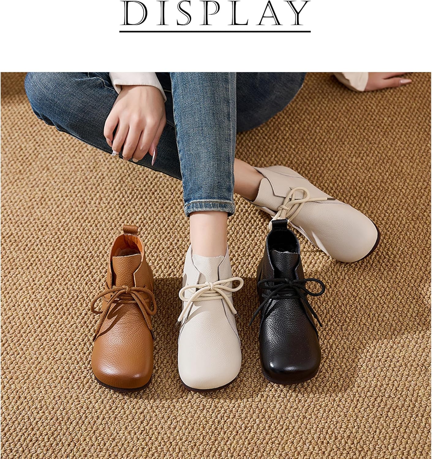 Women’s Leather Round Toe Lace-up Flats Ankle Boots Casual Comfort Soft Sole Pull-on High Top Low Heel Short Boots for Office Shopping Walking