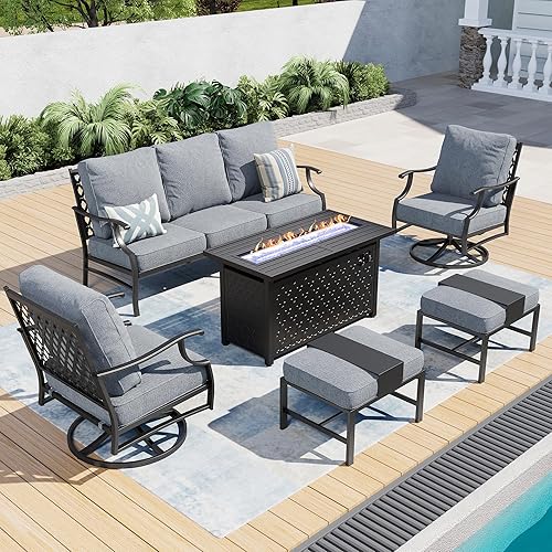 6 Piece Metal Outdoor Patio Furniture Set with Firepit Table, Patio Conversation Set 1 3-seater Sofa, 2 Swivel Chair, 2 Ottoman with 5.75" Thick Cushion, Black Backyard Furniture, Gray