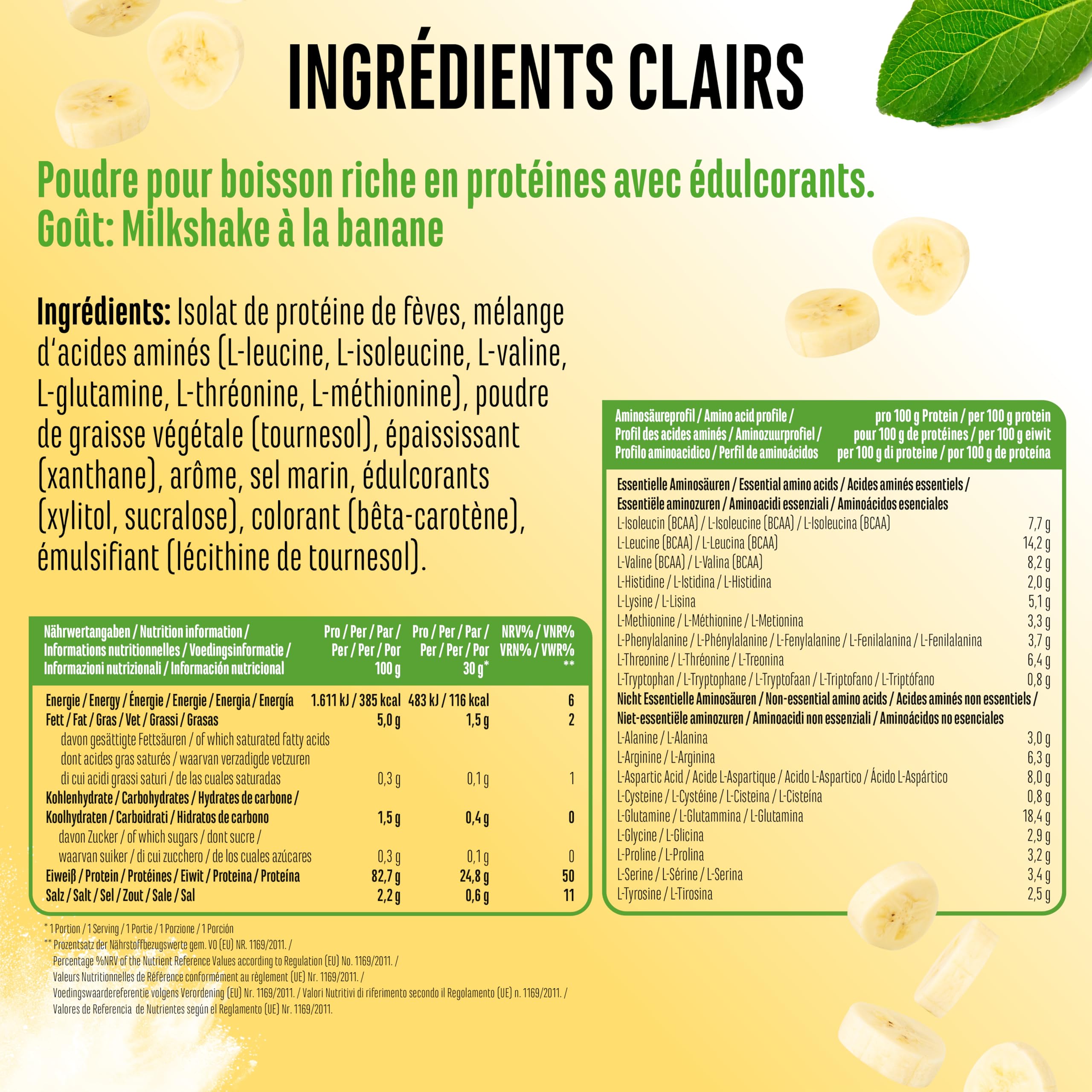 Yummy Vegan Protein Banana Milkshake – Shake protéiné végétal avec 24,8 g de protéines par portion à base d’isolat de fève avec BCAA et acides aminés – 908 g