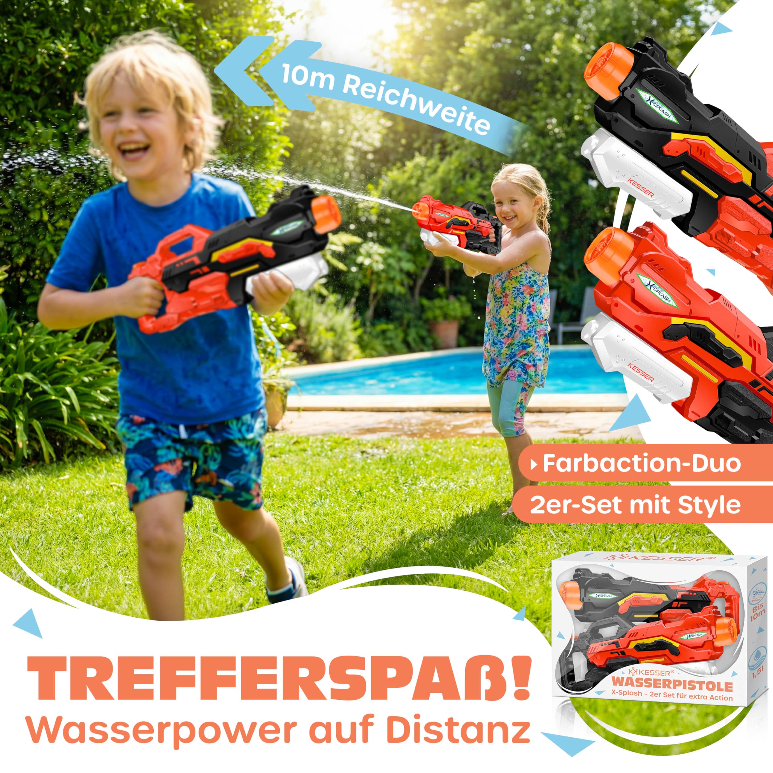 KESSER Wasserpistole 2er Set, Reichweite 10-11 Meter, 1500ml, Wasserspaß Strand Spielzeug