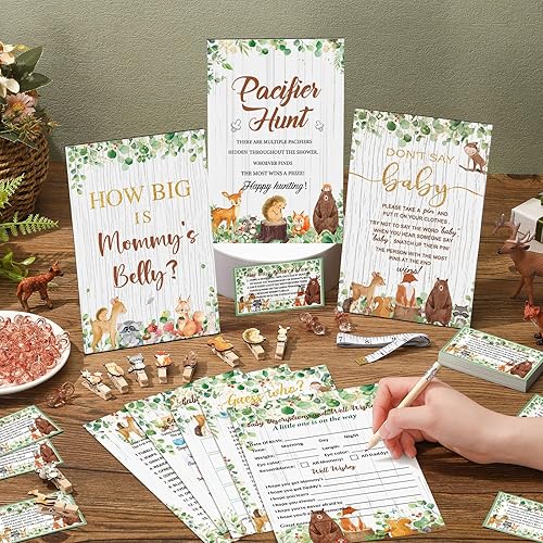 Miniatura 2 de Sherr 476 piezas Woodland Baby Shower Games 6 juegos de tarjetas de actividades, juego de caza de chupetes, 50 chupetes ¿Qué tan grande es el signo