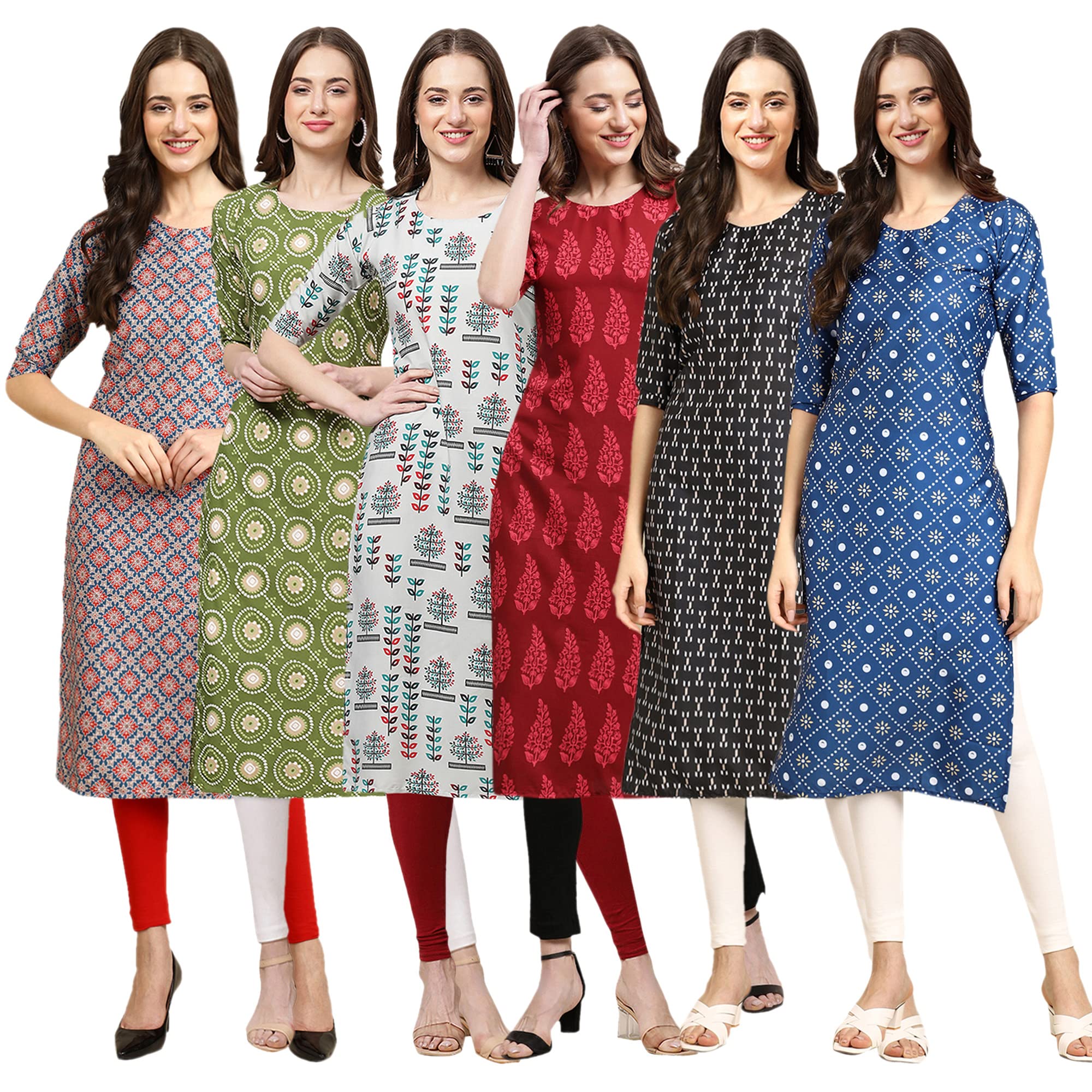 Pinkmint Women's Crepe Digital Print Straight Kurta(Pack Of 6)[Qv-372-338-340-337-362-353-L]